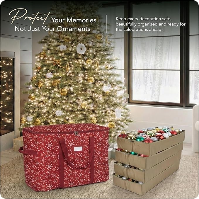 Covermates Keepsakes Adjustable Ornament Storage Bag – Heavy-Duty Polyester, Padded Dividers & FlexGrid Trays – Protective Holiday Ornament Organizer with Handles & Label Window, Red Snowflake