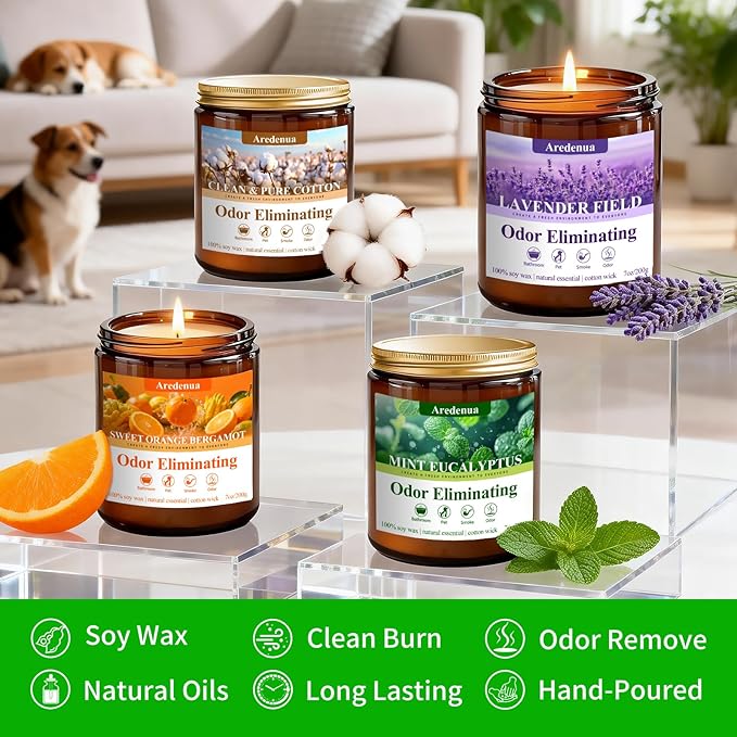 4 Pack Odor Eliminating Candles Set - Eliminates 95% of Pet, Smoke, Food & Other Smells - Hand Poured Non-Toxic Soy Candle, Air Freshing Scent of Lavender/Orange/Mint/Cotton - Gifts Set for Women