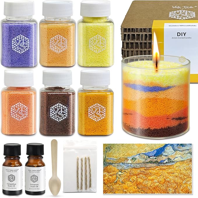 Golden Wheatfield DIY Pearled Candle Sand Set - 11 Oz Sand Wax Beads (6 Colors), 2x10ml Scented Essential Oils, 4 Reusable Wicks, Glass Cup & Spoon, Home Decor & Handmade Gift & Craft Enthusiasts