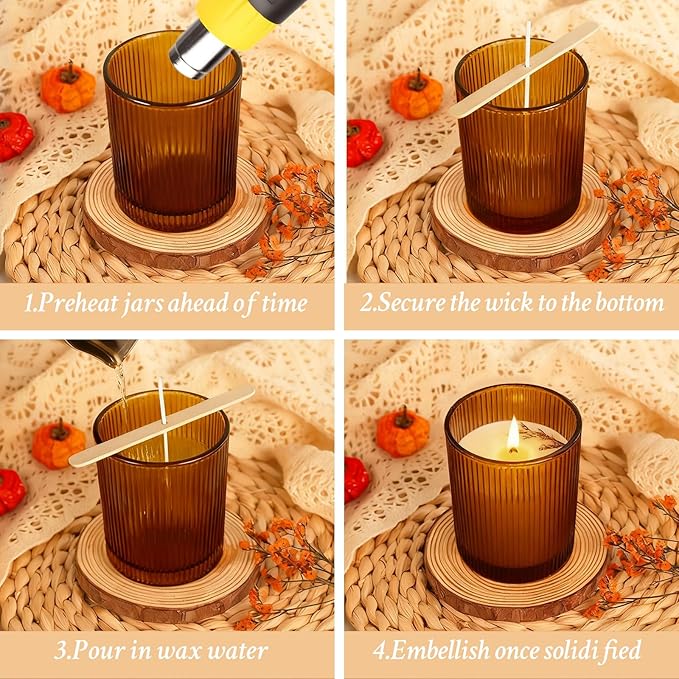 CONNOO 16pcs Ribbed Candle Glass Jars with Natural Bamboo Lids, 7oz Thick Containers for Candle Making with Wicks & Stickers, Ribbed Amber Jars for DIY Projects, Bulk Orders, Gifts & Home Décor