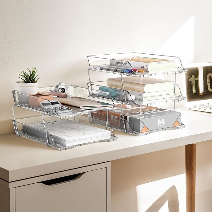 Simple Houseware 3-Tier Crystal Clear Stackable Document Letter Tray Paper Organizer - Desk Organizer for A4/Letter Size Documents, File Sorter, Paper Holder, Office Desktop File Storage, Acrylic Look
