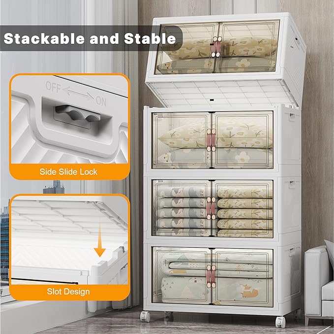 Stackable Storage Bins with Lids, 640QT Closet Organizers and Storage with Doors and Wheels, Extra Large Storage Cabinet, Collapsible Plastic Drawers for Bedroom Dorm Office