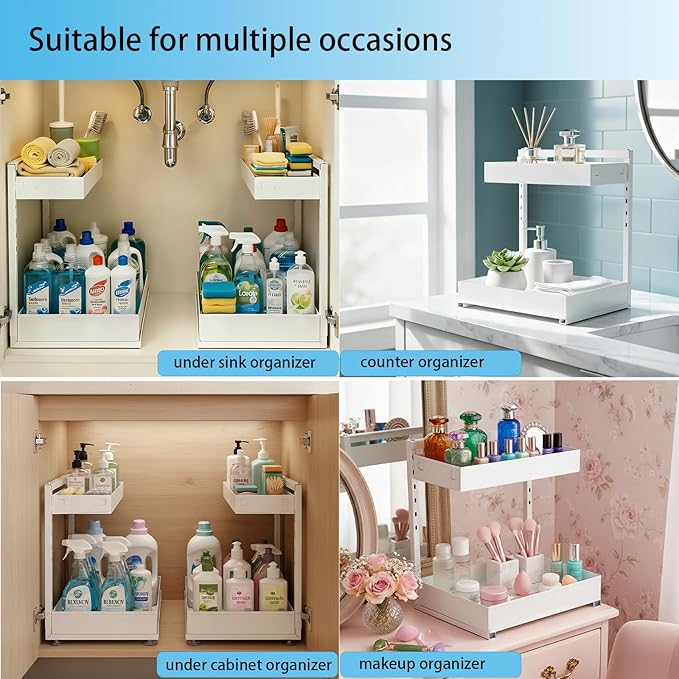Under Sink Organizer, Bathroom Counter Organizer, 2 Pack 2 Tier L-Shape White, Adjustable Height Carbon Steel, Under Cabinet Storage with Pull Out Drawer, Use for Kitchen Bathroom Office Shop Laundry