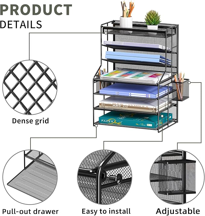 7 Tier Desk File Organizer – Vertical File Organizer for Desk with Removable Pen Holder & Adjustable Pull-out Drawer – Metal Document Organizer for Office, Simple Trending Design – Black