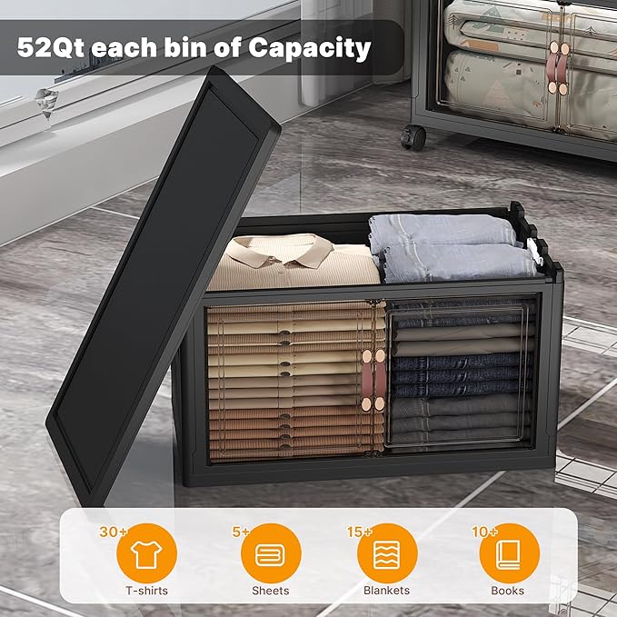 Stackable Storage Bins with Lids, 275QT Closet Organizers and Storage with Doors and Wheels, Extra Large Storage Cabinet, Collapsible Plastic Drawers for Bedroom Kitchen Office Garage