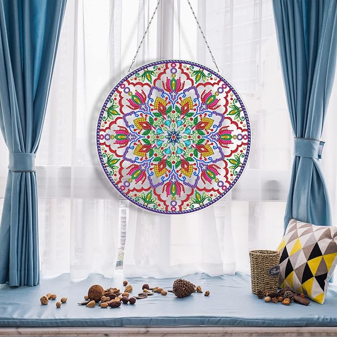 5D Diamond Art Painting Mandala Hanging Signs with LED Light String DIY Mandala Diamond Dots Hanging Ornament Special Shaped Rhinestones Paint by Number Embroidery Kits for Home Wall Front Door Decor