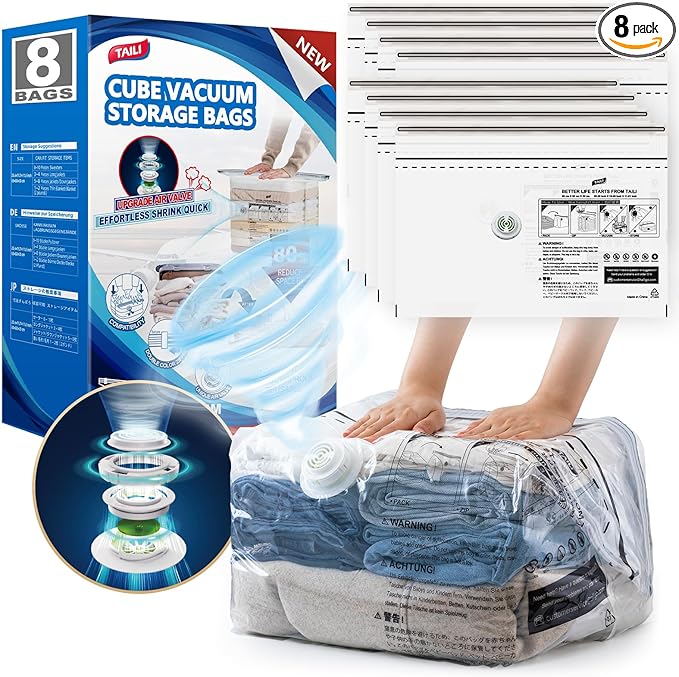 TAILI 8 Pack Cube Vacuum Storage Bags, Medium Size (25x19x11 inch), Vacuum Seal Bags for Clothing, Compression Packing for Clothes, Blankets, Baby Clothes