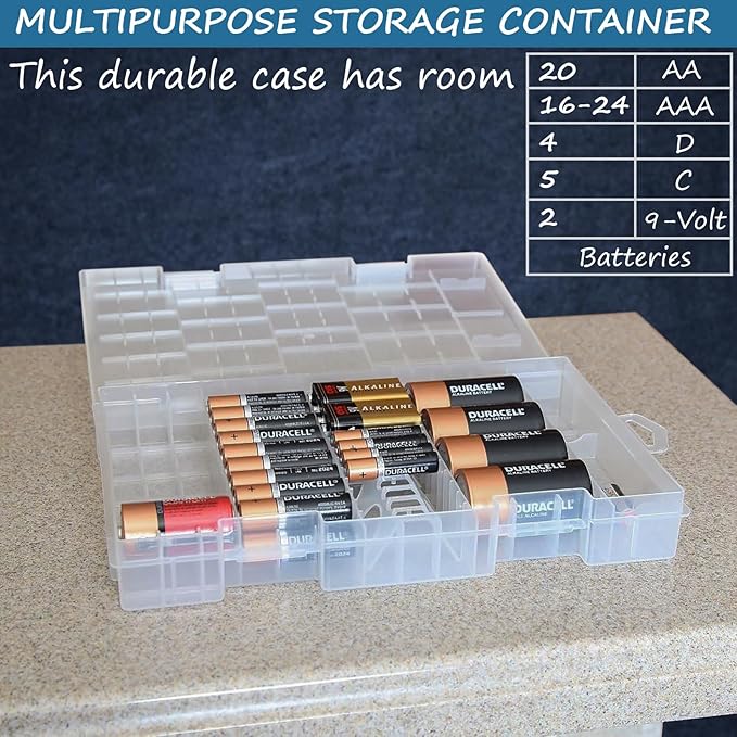 Home-X Battery Organizer Storage Case - Clear, See-Through Battery Holder - Battery Case for All Types of Batteries Including AA, AAA, C, D, and 9-Volt Batteries - Easy Access Battery Storage Case