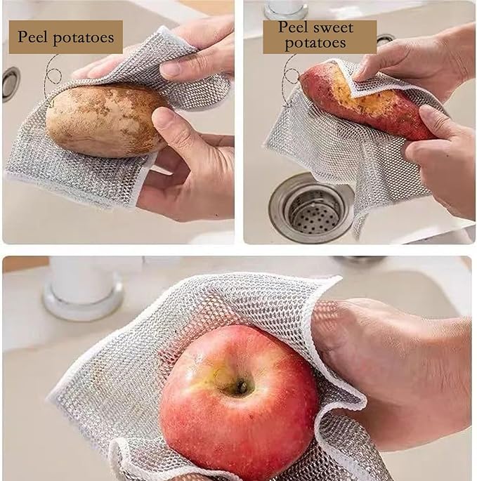 10-Pack Double-Layer Dry/Wet Dual-Use Metal Wire Non-Scratch Cloth Multi-Purpose Magic Cleaning Cloth Silver Wire Dish Cloth for Cookware, Tableware, Sink, Stove Cleaning, etc.(10PCS)