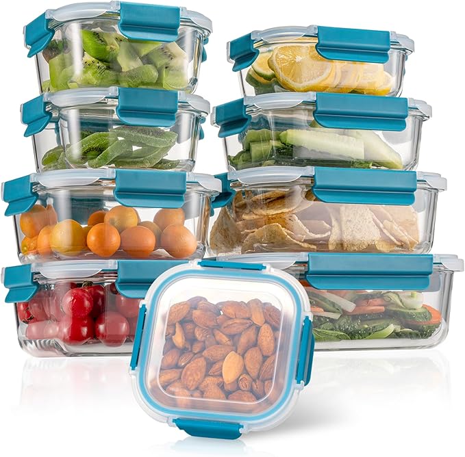 GENICOOK 9-Pack Glass Food Storage Containers with Airtight Locking Lids – Glass Meal Prep Container Set, BPA-Free, Stackable, Microwave, Oven, Freezer & Dishwasher Safe