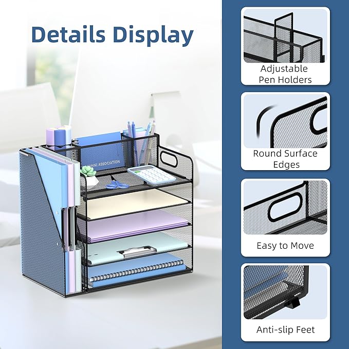 SUPEASY 5-Tier Paper Organizer for Desk with 3 Pen Holder and Magazine Holder, Paper Letter Tray Desk Organizer for Home, Office, School, Black