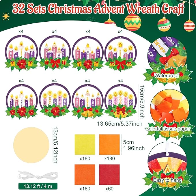 Tinlade 32 Packs Christmas Advent Wreath Suncatchers Crafts Make Your Own Advent Candle Suncatchers DIY Tissue Craft Gifts Joy Christ Hope Hanging Ornaments Xmas Home Church Classroom Activities