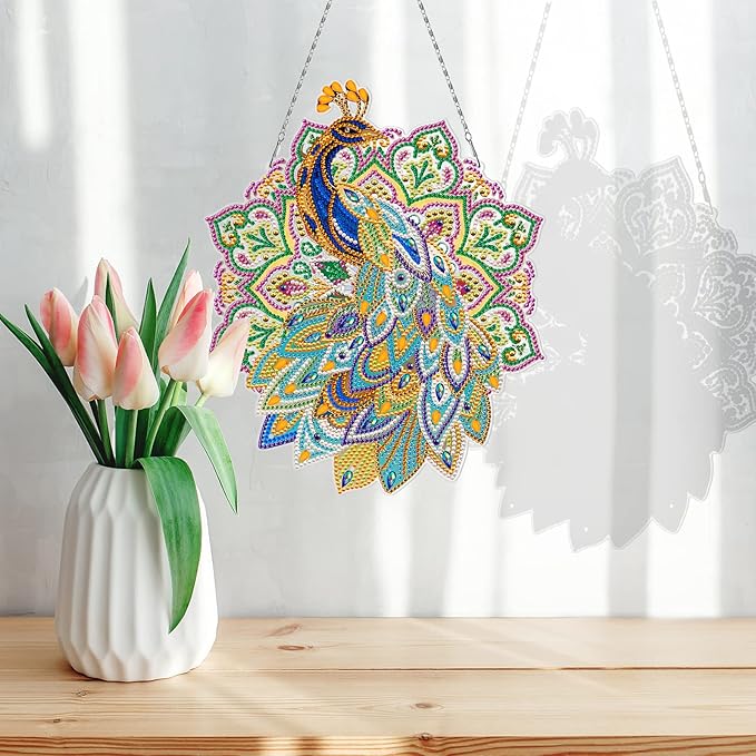 Diamond Art Painting Peacock Hanging Signs with LED Light String DIY 5D Peacock Diamond Art Wreath Hanging Pendant Special Shaped Beads Paint by Number Mosaic Kits for Garden Home Wall Spring Decor