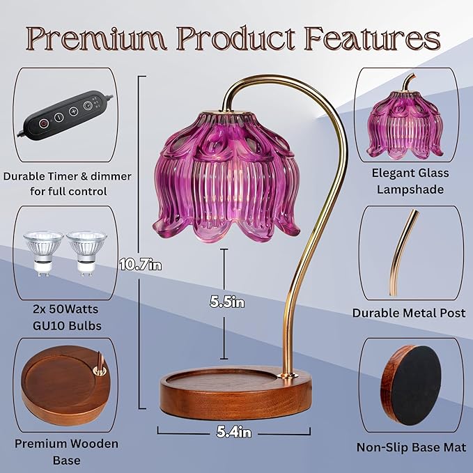 Candle Warmer Lamp with Timer, Dimmable Wax Melt Lamp for Large & Standard Jar Candles, Includes 2 GU10 Bulbs, Elegant Vintage Home Decor Gift for Women & Mom (A1-Purple Lotus)