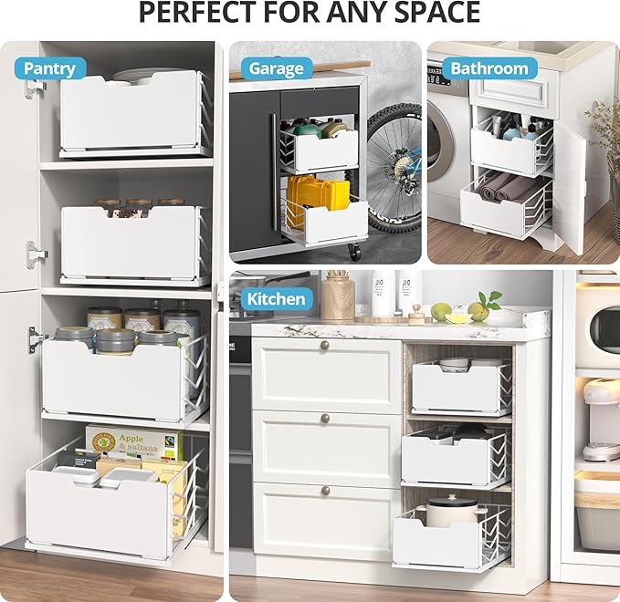 ZOINLIY Pull Out Cabinet Organizer, Pantry Slide Out Drawer Organizer with Adhesive Strips, Heavy Duty Under Sink Organizer, Storage and Organization for Kitchen, Bathroom, 15.7" D x 11.8" W x 6.7" H