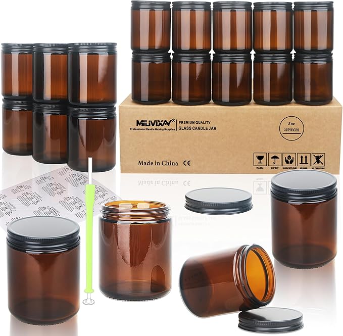 MILIVIXAY 20 Pack 8 OZ Thick Glass Dark Amber Candle Jars with All Black Metal Lids-Bulk Empty Candle Jars for Making Candles-Canning Jar for Spice, Liquid, Sample- Dishwasher Safe.