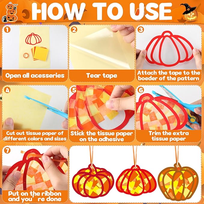 Qyeahkj 36 Set Fall Pumpkin Suncatchers Crafts for DIY Autumn Window Tissue Paper Crafts Kit Thanksgiving Pumpkin Hanging Decor for Fall Home Activity Art Project Birthday Party Favor Gift