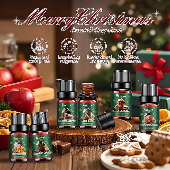 Christmas Essential Oils Set, 6 Premium Winter Fragrance Oils for Diffuser, Candle Scented Oils Gift,Gingerbread, Cinnamon Roll, Hot Baked Apple Pie,Home for the Holidays, Jack Frost, Chocolate Orange