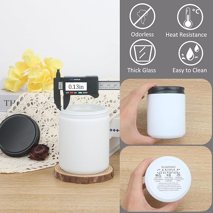 MILIVIXAY 20 Pack 8 OZ Thick Glass Frosted White Candle Jars with All Black Metal Lids-Bulk Empty Candle Jars for Making Candles-Canning Jar for Spice, Liquid, Sample- Dishwasher Safe.