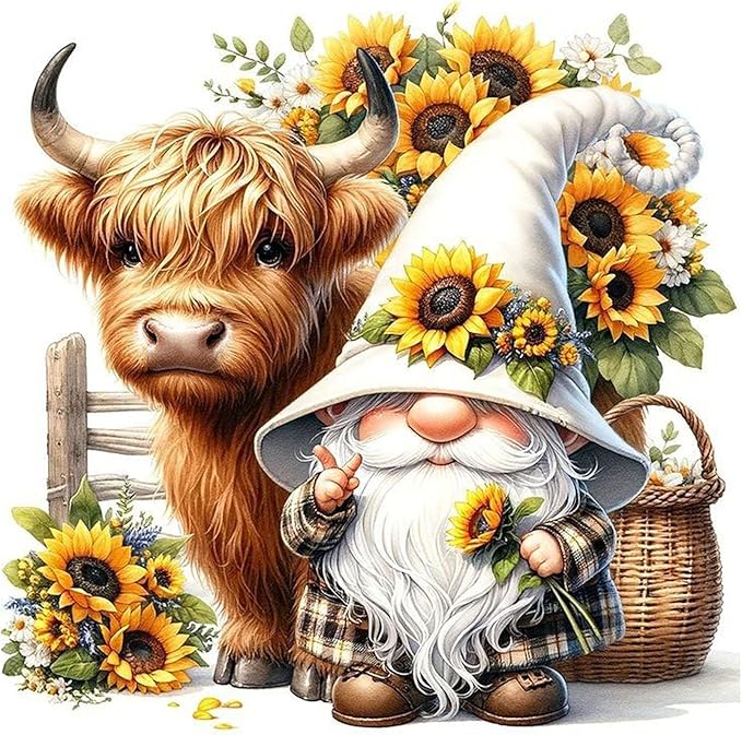 Highland Cattle Gnome Diamond Painting Kits for Adults Beginners,Diamond Art Kits for Adults Sunflower,Round 5D Gem Painting Kit Arts for DIY Crafts Gift Home Wall Decor 14x14inch