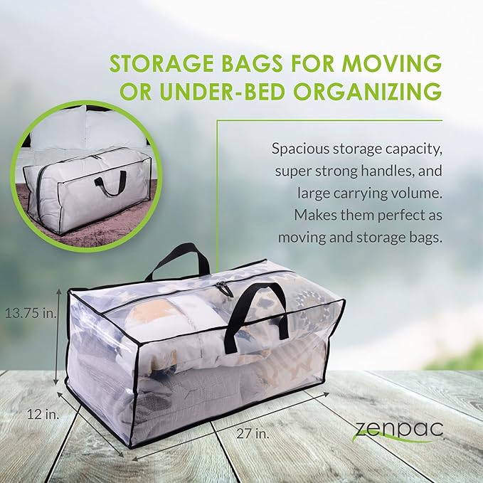 ZENPAC Clear Blanket Storage with Handles, Zippered Plastic Bags, Heavy Duty, Waterproof for Packing Clothes, Linens, Comforters, 27x12x13.75, 3 Pack