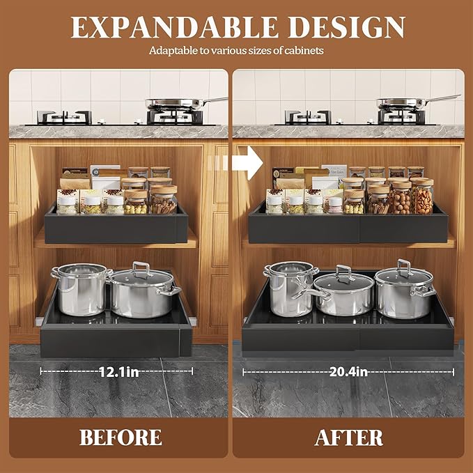6 Pack Expandable Pull Out Cabinet Organizer 21"Deep With Raising Pad for Framed Cabinets,Upgrade 3 Slide Rails Slide Out Drawers,No Drill Roll Out Shelves,Adjustable Width 12.1"-20.4" Black