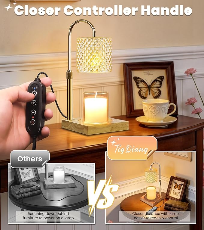 TigQiang Candle Warmer Lamp, Candle Lamp Wax Warmer, Timer & Dimmer 7-Levels, Fits Cup Jar Candle, Top Melting, Crystal Heater Lamp for Scented Wax, Elegant Home Decor, Brass Glass