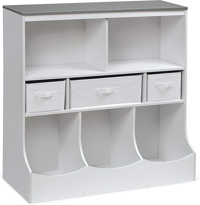 Badger Basket Combo Toy Storage Organizer and Bookshelf - Kids Storage Unit with 3 Removable Baskets, Open Shelves, Top Display Surface - White/Gray