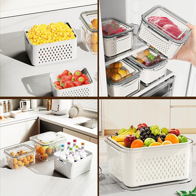 8 Pcs Fruit Storage Containers for Fridge (with Drain Basket) - Leak-Proof Food Containers, BPA-Free, Keep Fruits, Vegetables, Berries, and Meats Fresh for a Long Time, Dishwasher and Microwave Safe