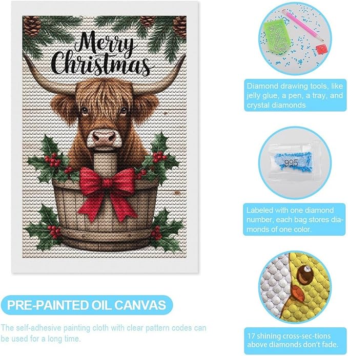 AIVKIEJK Diamond Painting Kits for Adults - Highland Cow Merry Christmas Painting DIY 5D Full Drill Diamond Dots Paintings with Diamonds Gem Art and Crafts Home Decor 8"x12"