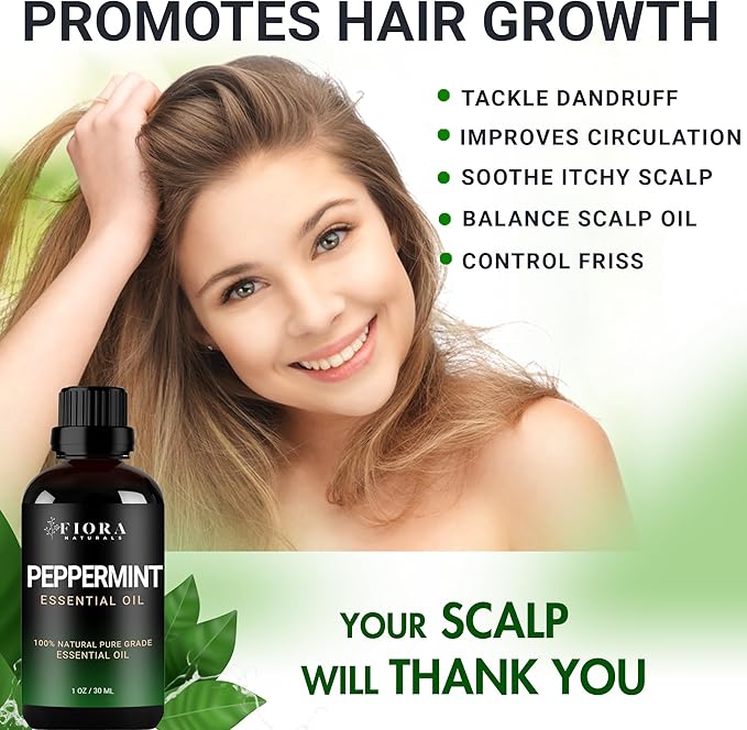 Peppermint Essential Oil by Fiora Naturals - 100% Pure Peppermint Oil for Hair Growth, Skin and Scalp Acne, Diffuser, DIY soap, and Candle Making. Pure Mentha Piperita Oil