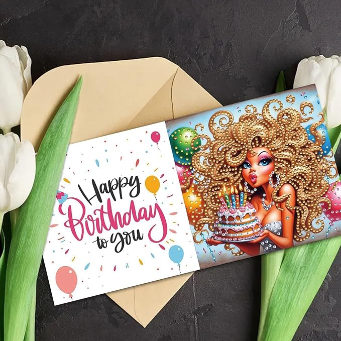 DoxQcs 5D Diamond Art Painting Greeting Cards Kit, DIY Cards for Blessings Congratulations Gifts, Greeting Card Set for Birthday Thanksgiving Day Christmas Halloween-Woman’s Birthday