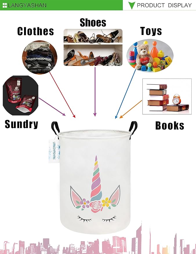 LANGYASHAN Laundry Basket Canvas Fabric Collapsible Organizer Basket for Storage Bin Toy Bins Gift Baskets Bedroom Clothes Children Nursery Hamper (Round Pink Unicorn)