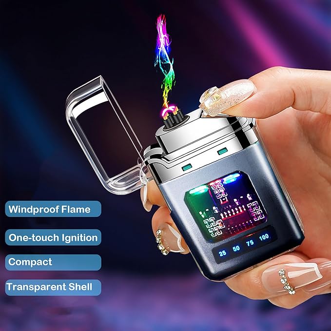 Advanced Small Electric Lighter Double Arc Flameless Rechargeable Windproof with Transparent Shell and LED Display,Silver-Black Color