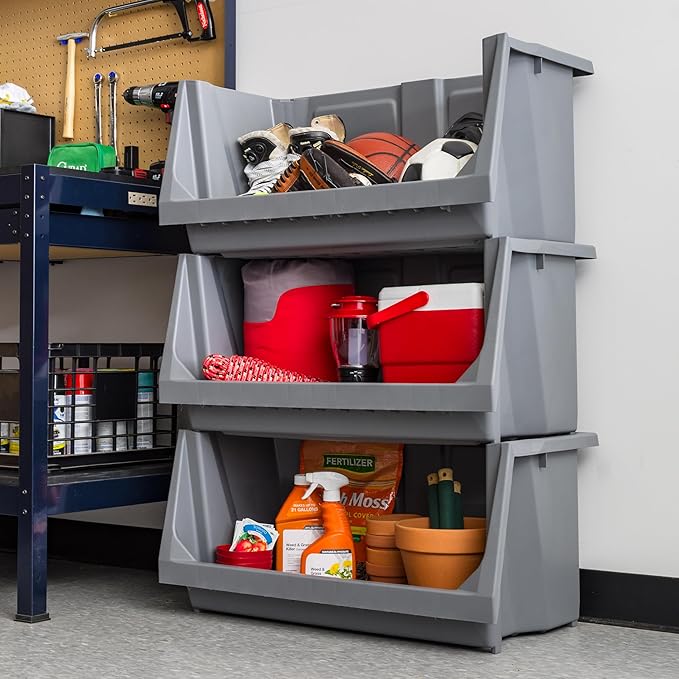 IRIS USA Open Front Storage Bins, Jumbo, Heavy Duty Garage Storage, Stackable Storage Bins, Tools Hardware Hose Household Product Sporting Goods, Wide Open Front, Interlocked Secure Stacking, Gray
