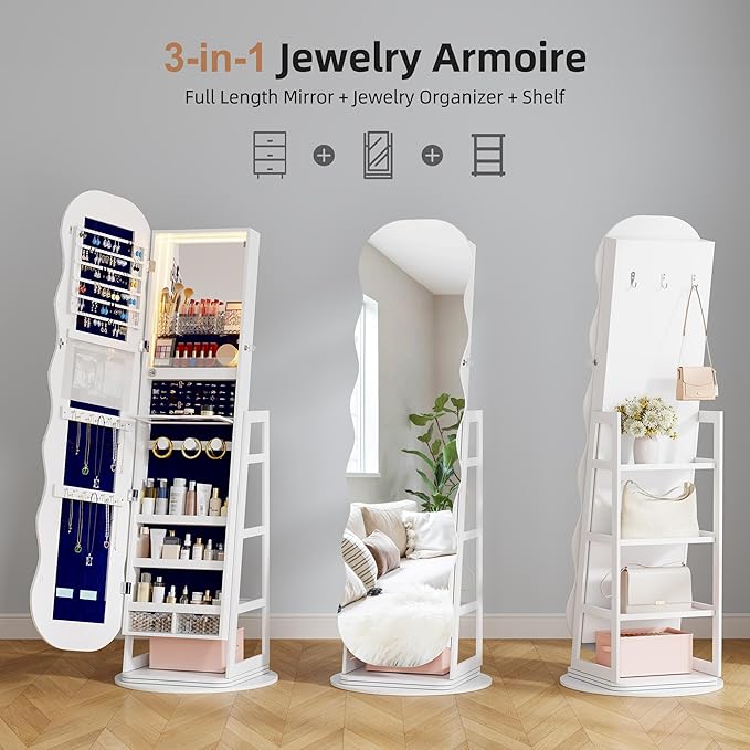 Lvifur 360° Swivel Jewelry Cabinet with Lights,LED Jewelry Organizer with Full Length Mirror, Lockable Wavy Mirror Jewelry Cabinet Standing with Rear Storage Shelves,Makeup Tray,White