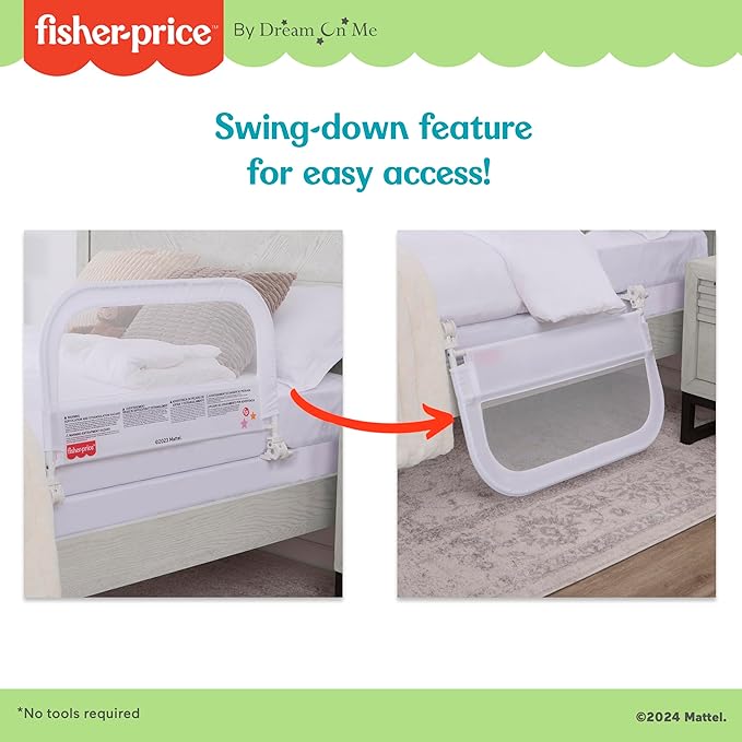 Dream On Me Fisher-Price Little Naps Bed Rail for Toddlers in White, Suitable for All Types of Beds, No Tool Assembly for Toddler Bed Rail