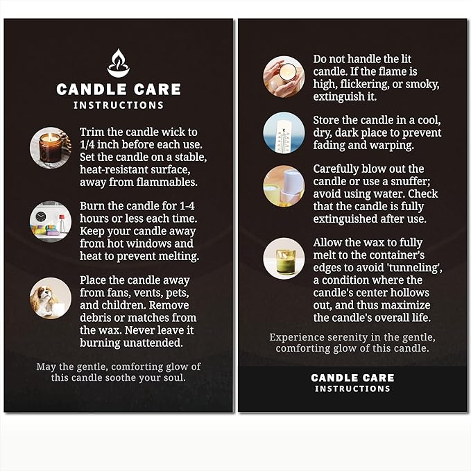 200 pack - Premium Handmade Candle Care Instruction Cards Black 2x3.5 in, Small Business | Soy Bees Wax Melt, Candle Makers, Making Supplies Kit Set, Containers, Jars, Pot, Package