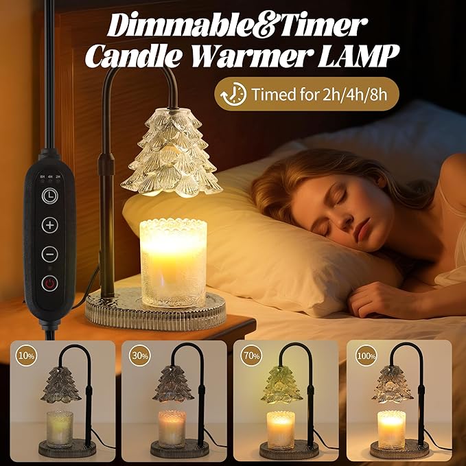 Christmas Tree Shaped Candle Warmer Lamp with Timer & Dimmer – Adjustable Wax Melt Lamp for Jar Candles, Home Decor Accent for Women – 2 Bulbs, Flame-Free & No-Smoke Use (Gray)