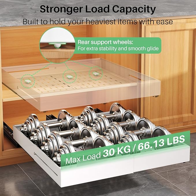 Pull out Cabinet Organizer, Expandable Width(14"-24"), Depth(13"-24") with 3 Rails, Slide Out Drawers With Raising Pad for Framed Cabinets, Fixed with Adhesive Film for Cabinets in Kitchen, White