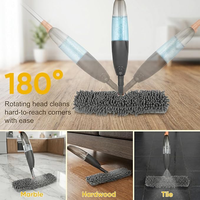 3-in-1 Upgraded Spray Mops for Floor & Window Cleaning with 3pcs Pads - Broom/ Mop/ Window Squeegee, Wet Dry Microfiber Mop with 520ml Bottle for Kitchen Wood Floor Hardwood Ceramic Tile Dust Cleaning