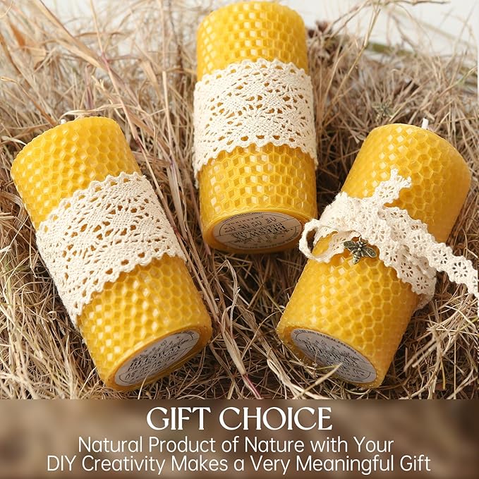 Hand-Rolled Beeswax Candles, 4 Packs, Handcrafted Honeycomb Beeswax Pillar Candles, Natural Bee Farm Gifts for Candle Lovers,Home Decor, Air Purify (2x4 in)