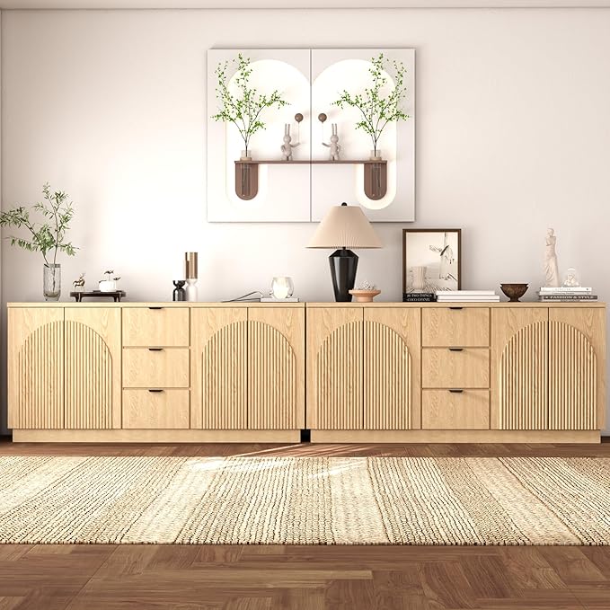 Brafab 67" Mid Century Modern Style Storage Sideboard with 4 Arched Reeded Design Doors and 3 Drawers with Adjustable Shelves, Suitable for Living Rooms, Studies and Dining Rooms (Natural Oak, 2 PCS)