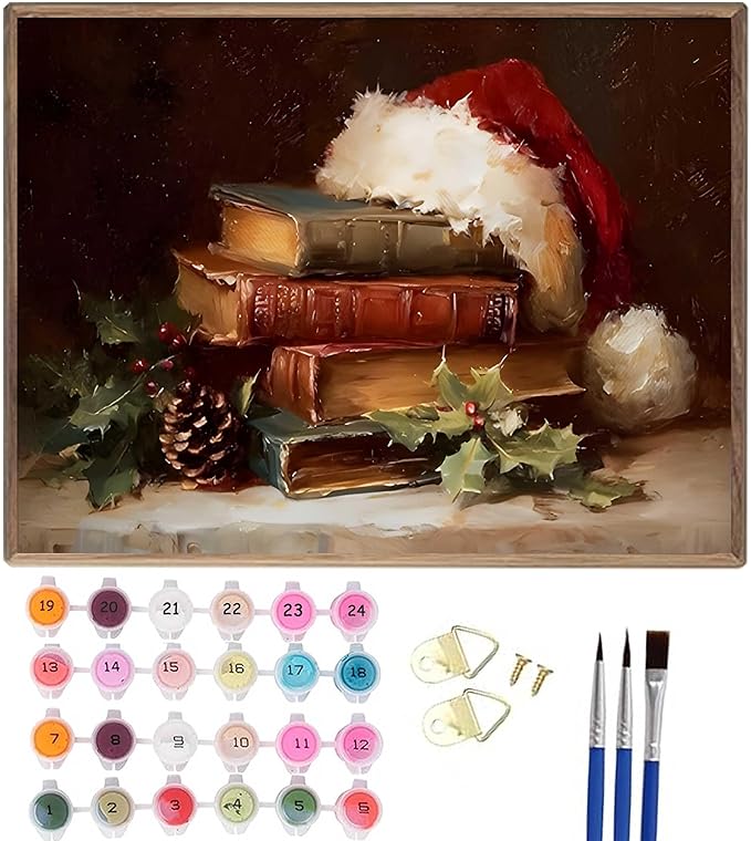 Paint by Number Kit for Adults & Kids, Christmas Vintage Books with Santa Hat 16x20 Inch, DIY Acrylic Painting Kit with Brushes & Paints, Holiday Art Decor for Home Unframed