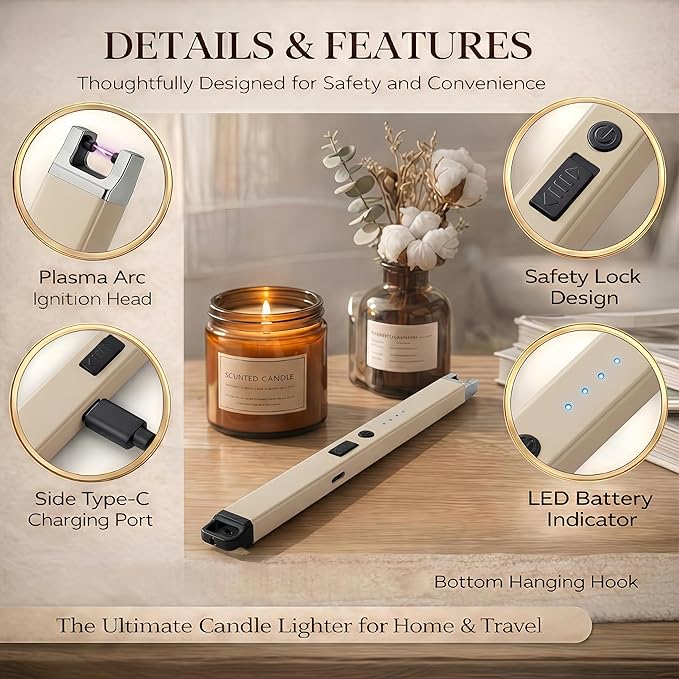 Castelar Candle Lighter, Electric Lighter Windproof Flameless with Safety Switch, USB Rechargeable Lighters for Candle, Grill, BBQ, Camping, Birthday & Stocking Stuffers (Gold)
