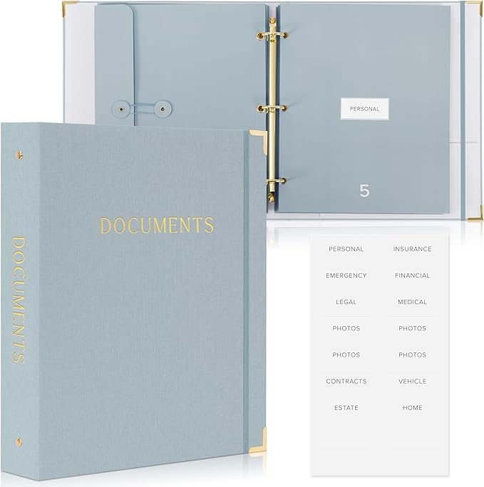 Sturdy Document Organizer Set with Folders - Beautiful Linen 3-Ring Binder Safely Stores All Important Documents & Files in One Place - Easy to Use Expanding Storage Incl. Envelopes, Pockets & Labels