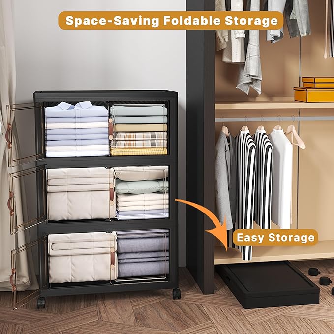 Extra Large Stackable Storage Bins with Lids & Wheels, Foldable Collapsible Closet Organizers Dark Storage Cabinet with Doors for Bedroom Dorm