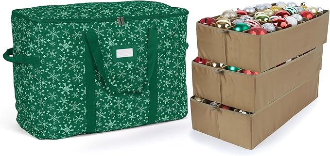 Covermates Keepsakes Adjustable Ornament Storage Bag – Heavy-Duty Polyester, Padded Dividers & FlexGrid Trays – Protective Holiday Ornament Organizer with Handles & Label Window, Green Snowflake
