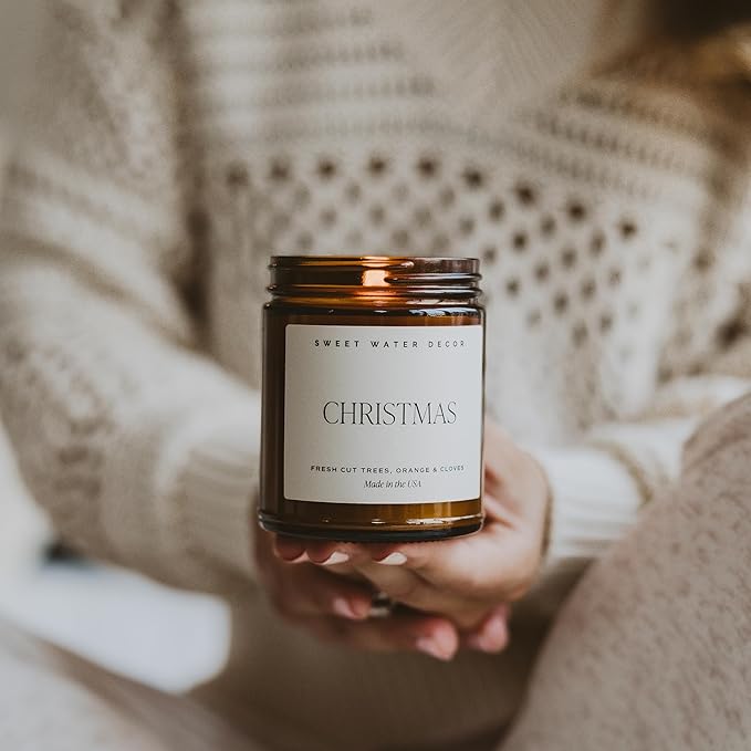 Sweet Water Decor Christmas Soy Candle | Apple Cider, Cinnamon, Clove, Fresh Cut Christmas Tree Scented Candles for Home | 9oz Amber Jar + Black Lid, 40+ Hour Burn Time, Made in The USA
