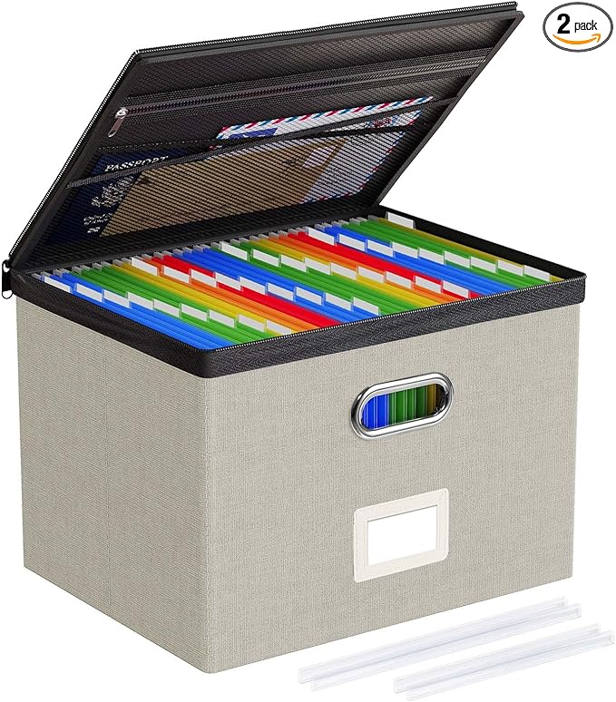 Oterri File Organizer Boxes with Lids, File Box with Mesh Pockets, Document Organizer Box for Letter Size Folders, Zippers Important Document Organizer (Beige, Large-1 Pack Without Folders)